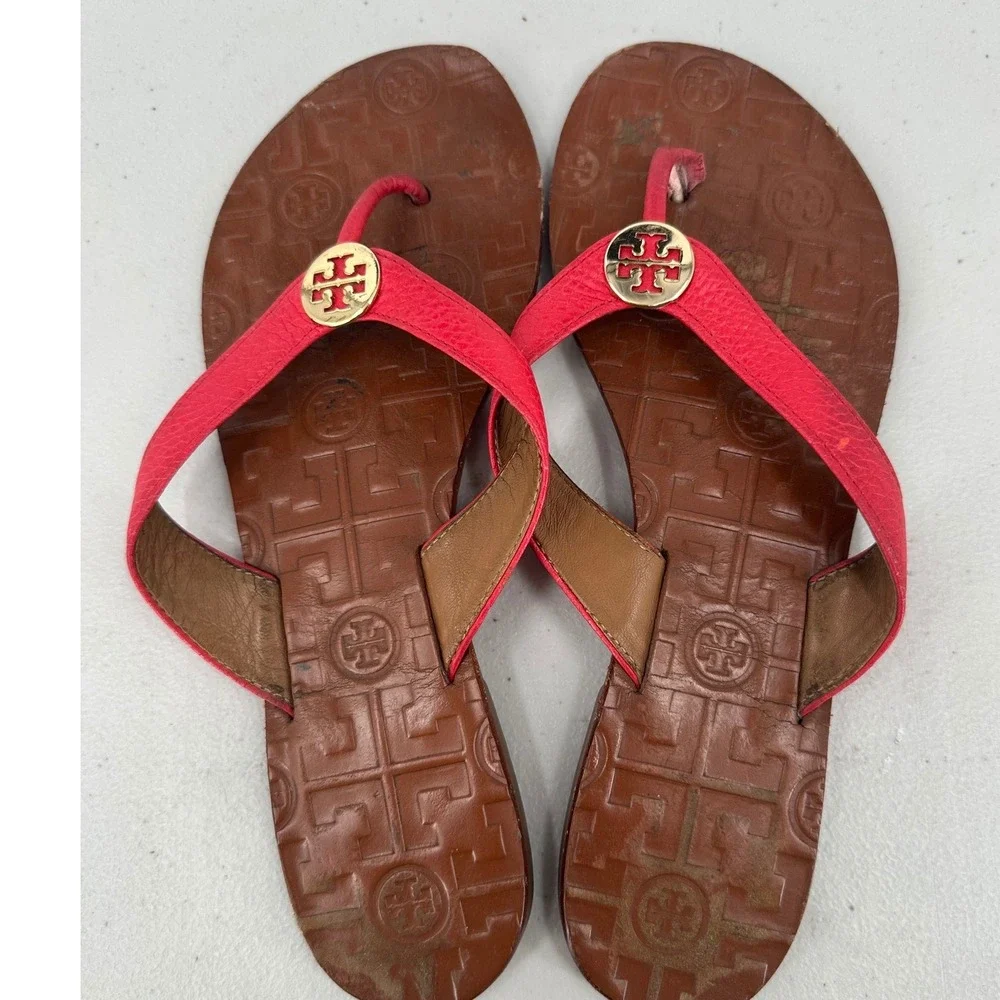 Tory Burch Thora Red Leather Logo Thong Flip Flop Sandals Women's 8M 35055